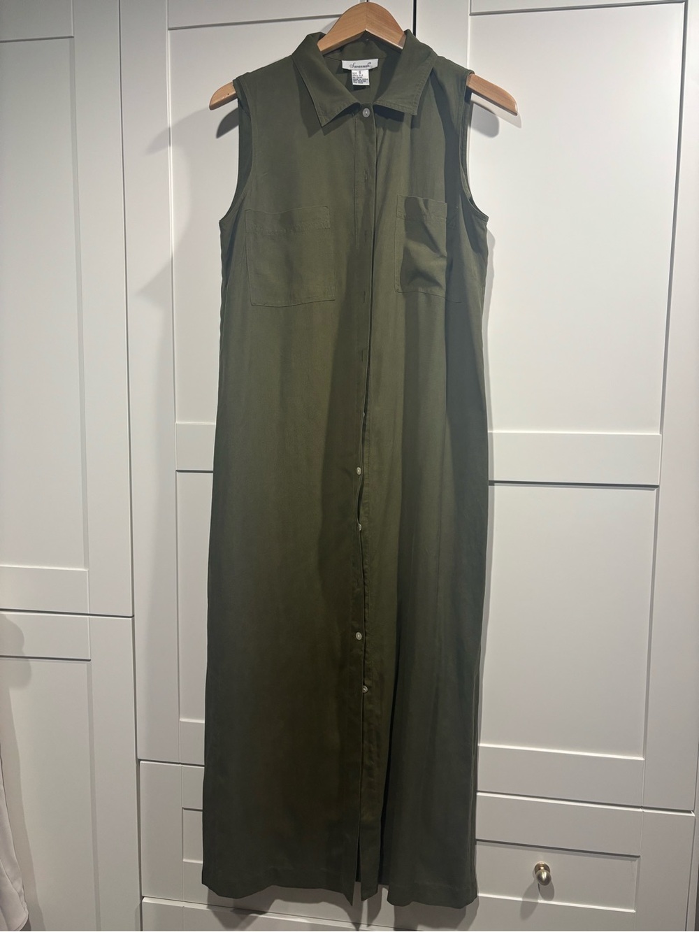 Sleeveless Button-Front 100% Silk Olive Green Shirt Dress